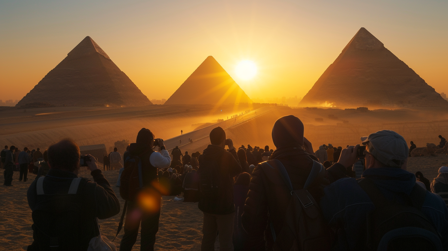 Travelers capturing the golden sunrise over the Pyramids of Giza, showcasing the ancient marvels in a breathtaking morning light.