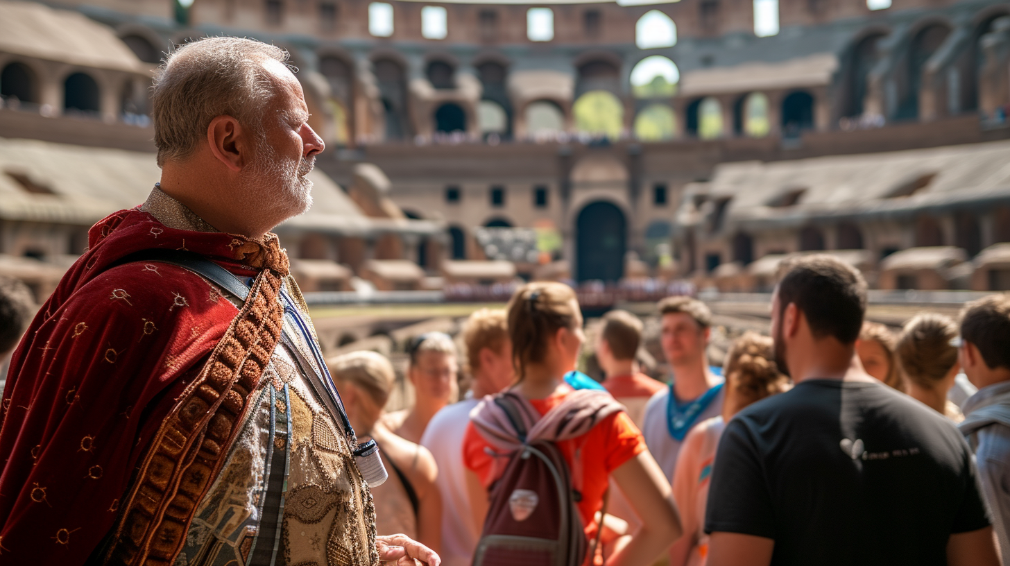 Visitors deeply immersed in an interactive tour of the Roman Colosseum, led by a guide in period attire, against the iconic backdrop of ancient ruins.
