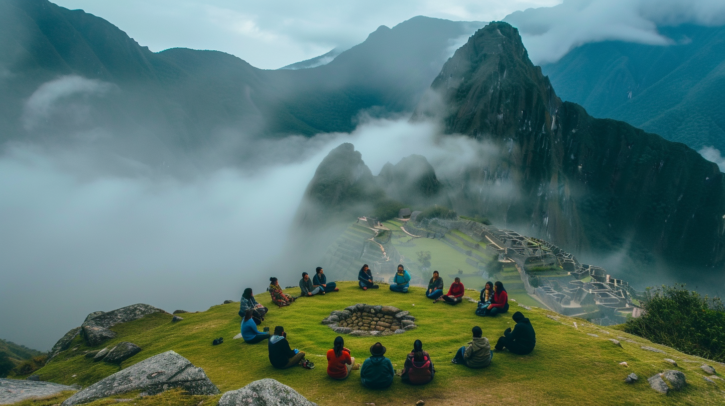 Travelers partaking in a traditional Andean ritual at Machu Picchu, connecting with local culture amidst the mystical backdrop of the Sacred Valley.
