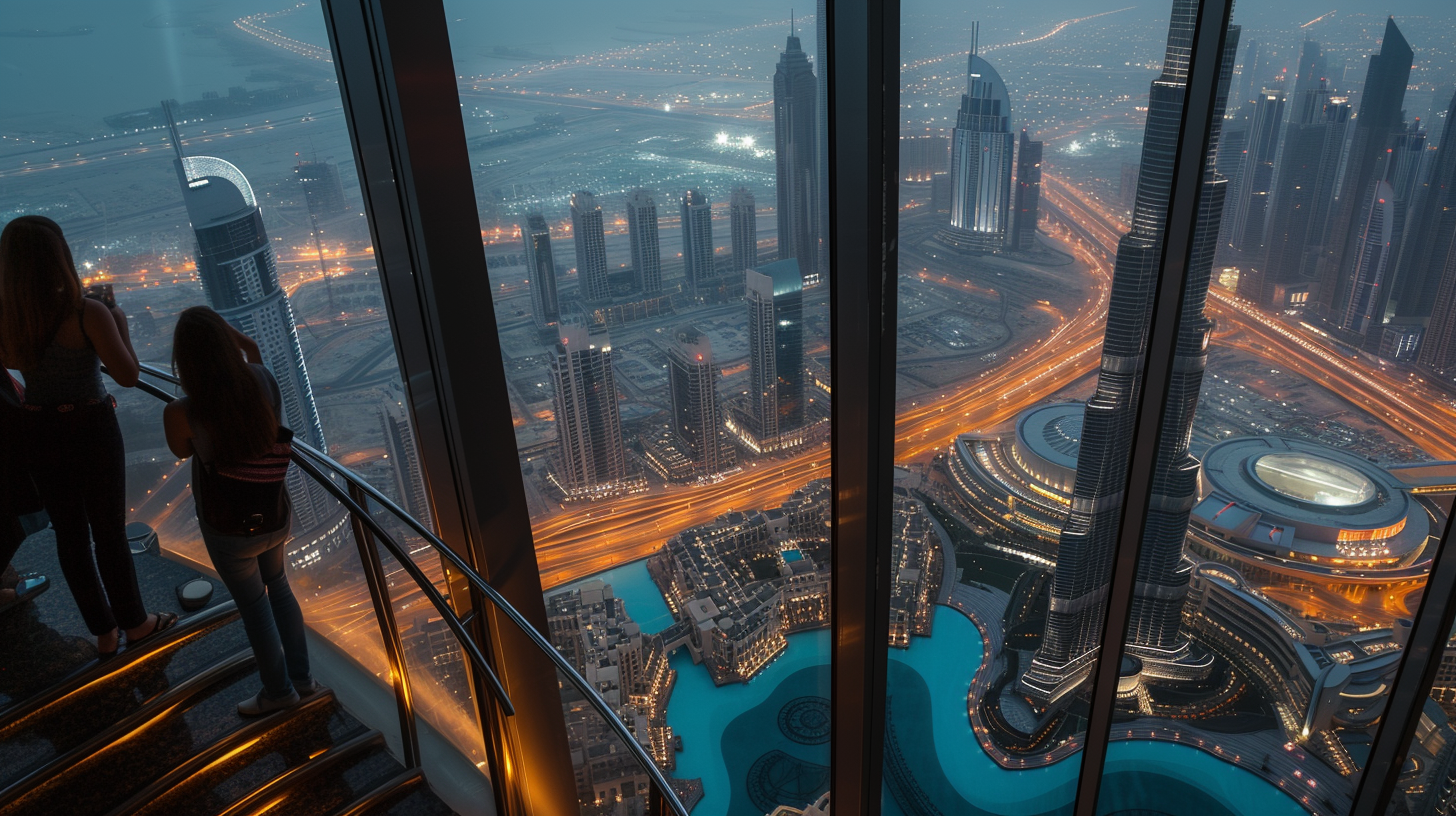 Tourists on an observation deck experiencing the awe-inspiring height of the Burj Khalifa, with Dubai's cityscape stretching out beneath them.