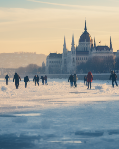 Locals enjoy a day of ice-skating and hockey on the frozen surface of the Danube River in Budapest, against a backdrop of the city's iconic parliament building.