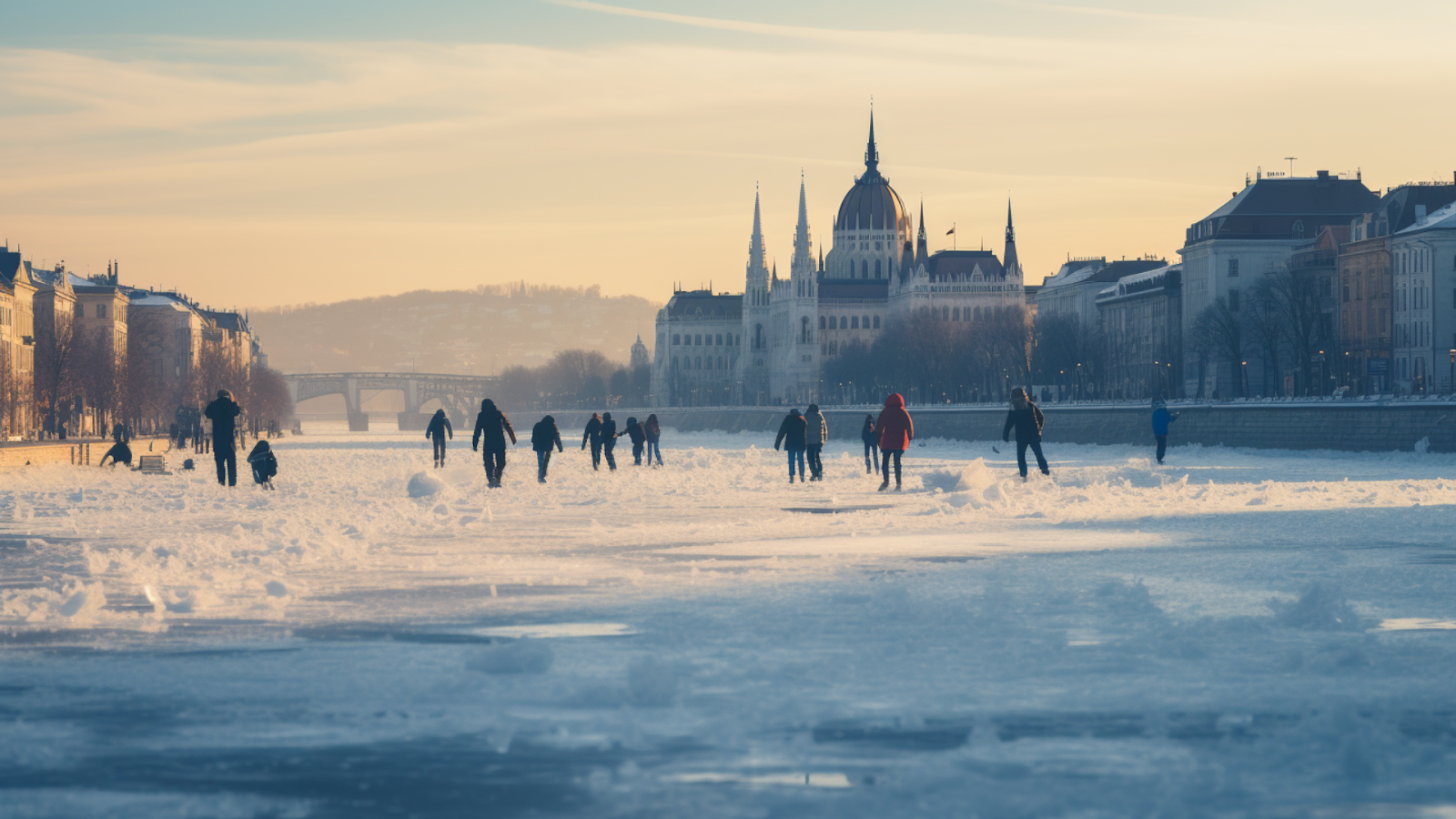 Locals enjoy a day of ice-skating and hockey on the frozen surface of the Danube River in Budapest, against a backdrop of the city's iconic parliament building.