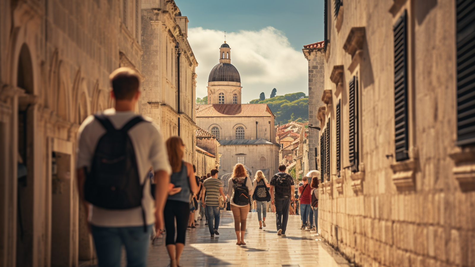 Tourists stroll down a sunlit street in Dubrovnik, with the city's famed historic cathedral rising in the background, encapsulating the essence of Croatia's historical cities.