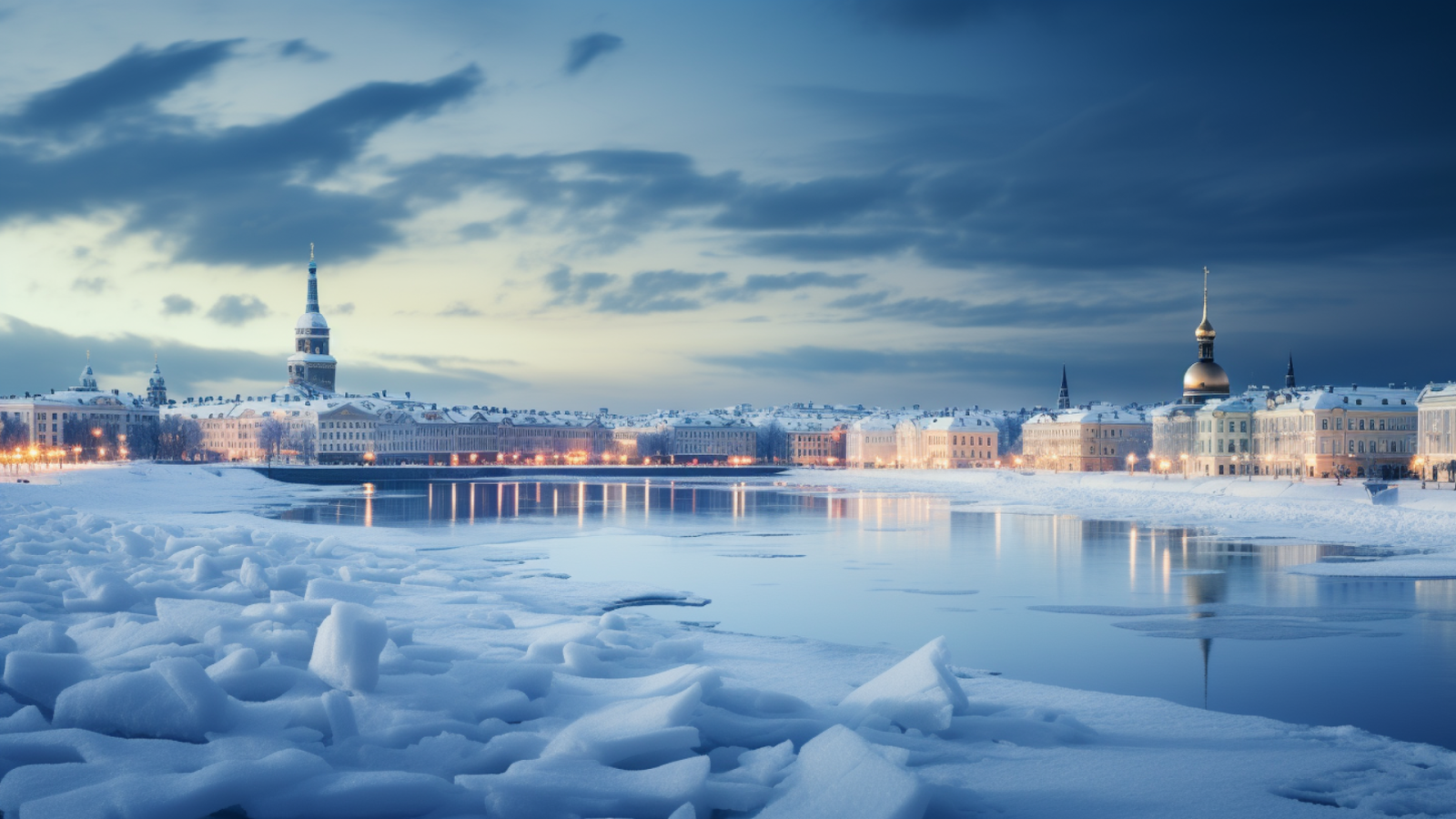 A serene winter scene of St. Petersburg with the frozen Neva River in the foreground, highlighting Russia's majestic winter destinations.