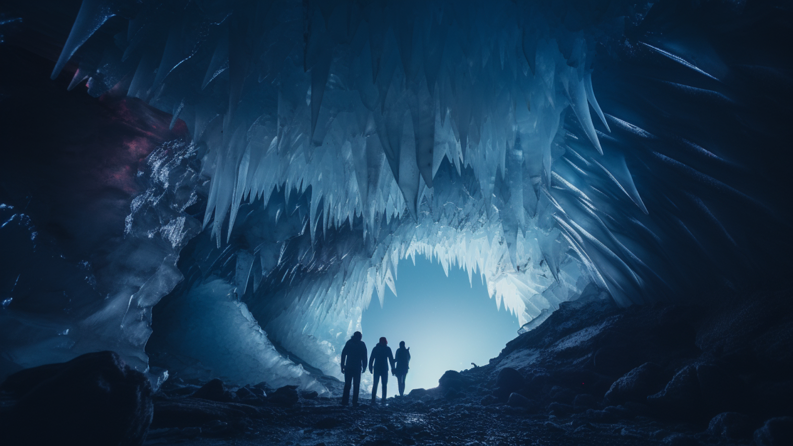 Adventurers stand inside of an ethereal ice cave on the Apostle Islands, a marvel of the frozen river landscapes of Lake Superior.