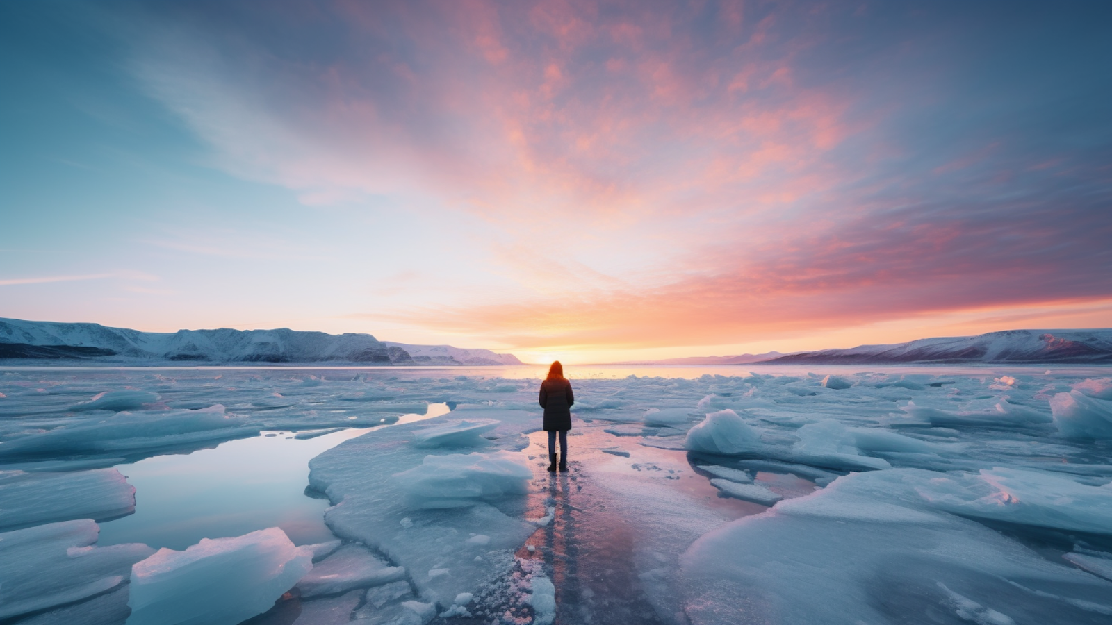 A lone traveler gazes across the icy expanse of Lake Baikal at sunset, embodying the tranquil beauty of Siberia's top winter destinations.