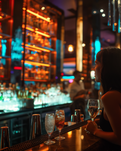 Elegant woman enjoying a solo drink at a high-end bar in Las Vegas, Nevada, a popular destination for nightlife and luxury travel in the USA