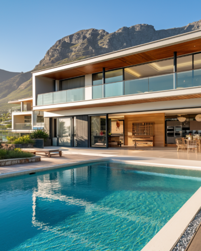 Modern luxury villa with infinity pool overlooking the lush Table Mountain, a prime example of luxury travel in South Africa