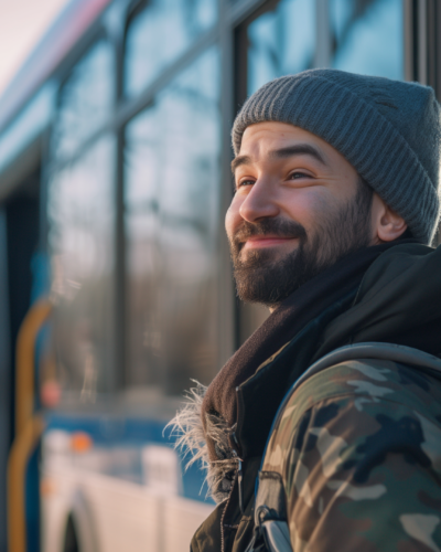 A solo male traveler all wrapped up, getting ready to board the bus for a domestic exploration.