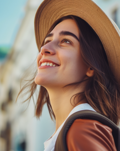 A solo traveler sporting an expression of excitement and wonder as she meanders through the best places to travel solo in Europe