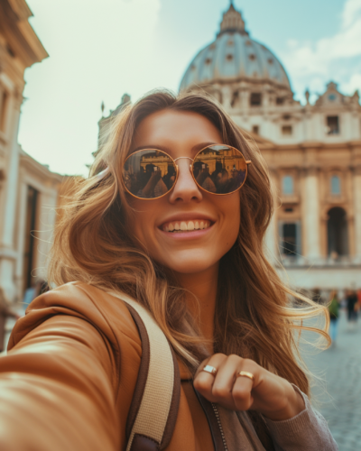 A female traveler taking a selfie with historic buildings in Rome, a popular solo travel destination in Italy.