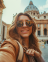 A female traveler taking a selfie with historic buildings in Rome, a popular solo travel destination in Italy.