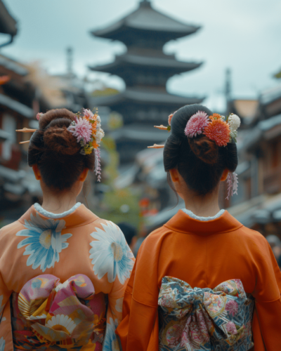 Two women in kimonos admire a pagoda, knowing where to travel in Asia for history and tradition