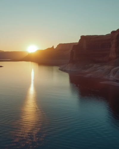 Sunrise at Lake Powell, with sunlight casting a warm glow on red rock canyons and the tranquil lake.