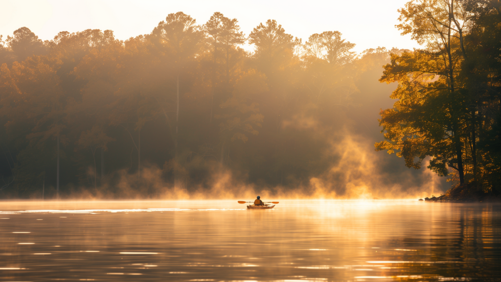 Sunrise at Lake Lanier, Georgia, featuring misty waters and a kayaker.
