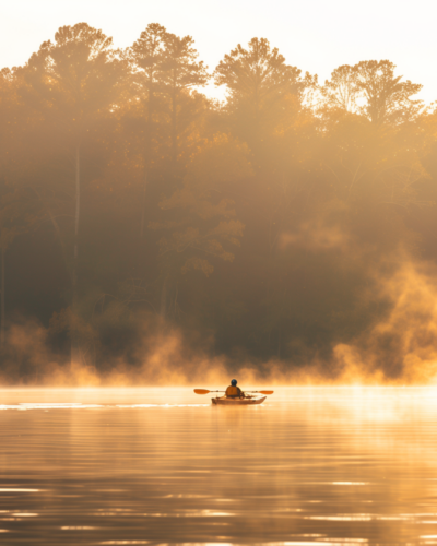 Sunrise at Lake Lanier, Georgia, featuring misty waters and a kayaker.