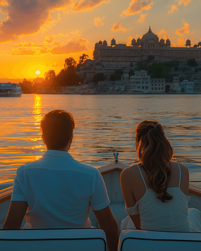 Couple enjoys a sunset boat ride at one of the best hotels in Asia with royal views