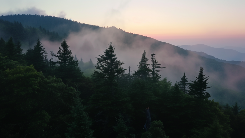 Sunrise at Mount Mitchell with a hiker admiring the view.