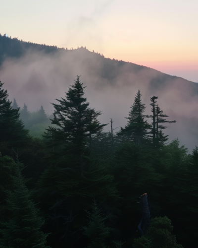 Sunrise at Mount Mitchell with a hiker admiring the view.