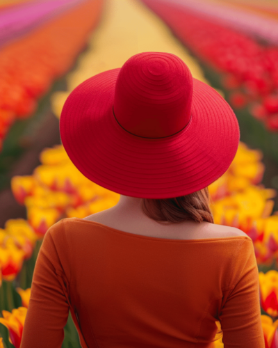 Woman in red hat among tulips in the Netherlands, a must-see European travel destination in spring