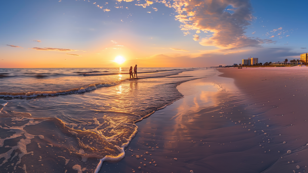 A couple of friends enjoying a vibrant sunset at Clearwater Beach, Florida.