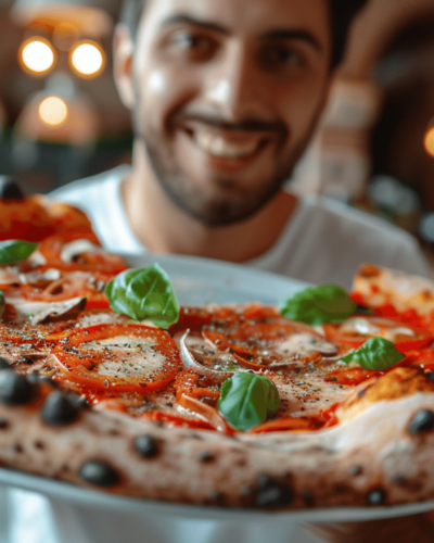 Man presenting Neapolitan pizza, a slice of Europe's culinary heritage