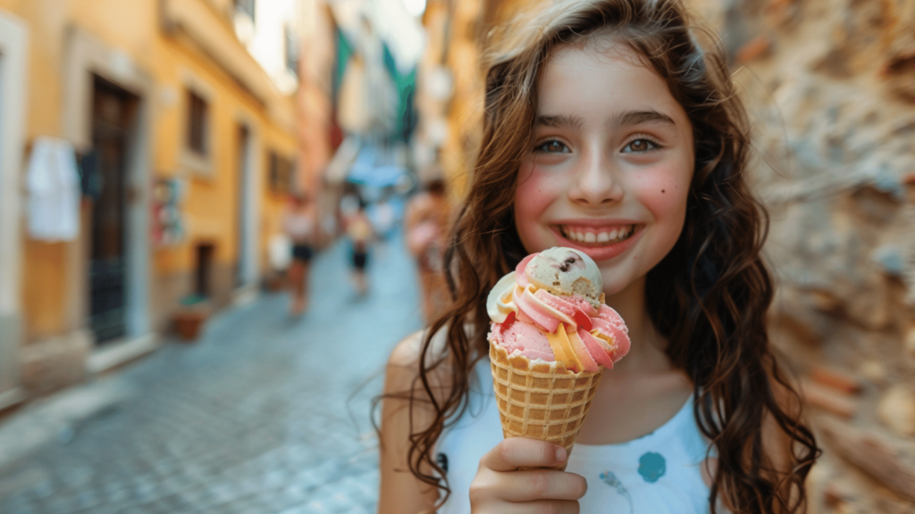 Girl smiling with gelato, a sweet taste of food in Europe