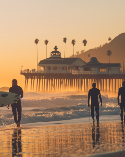 Silhouette of a surfer at Malibu's Surfrider Beach at dawn.