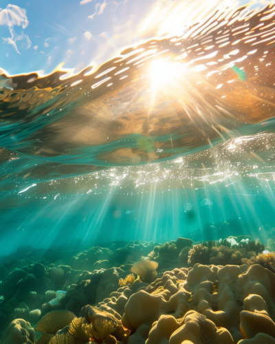 Snorkeler’s view of the rich, colorful coral reefs and marine life under the clear waters of Hapuna Beach.