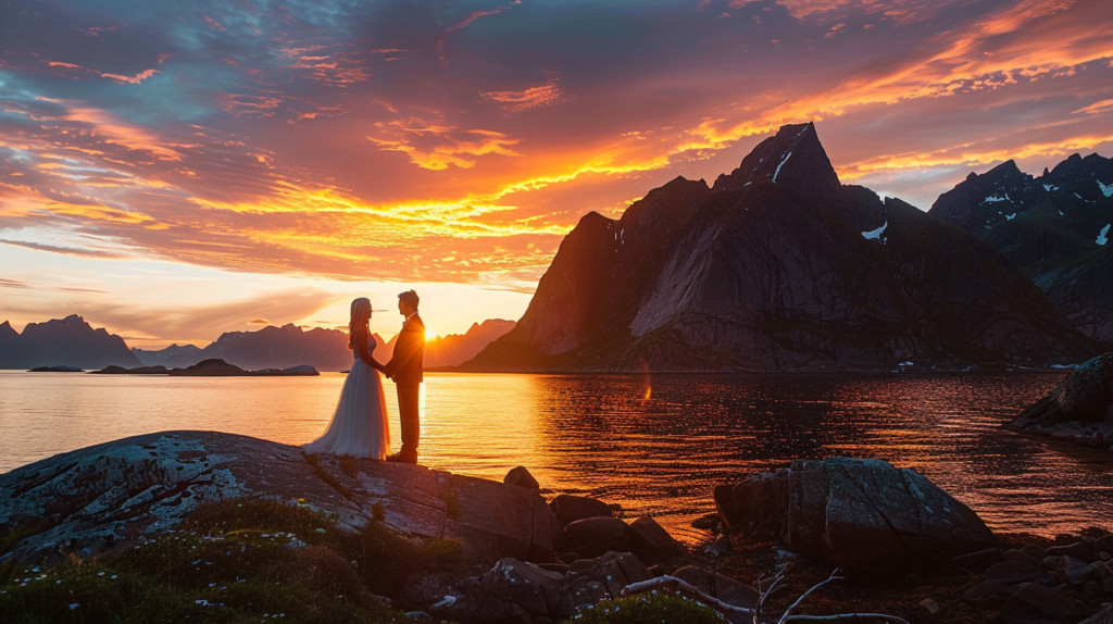 A couple exchanging vows on a rocky shore in the Lofoten Islands, with the vibrant midnight sun setting behind the dramatic peaks.