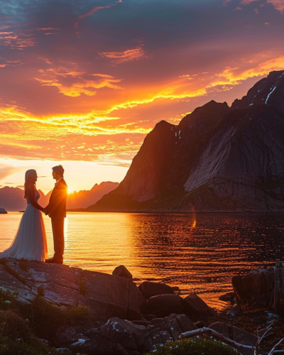 A couple exchanging vows on a rocky shore in the Lofoten Islands, with the vibrant midnight sun setting behind the dramatic peaks.