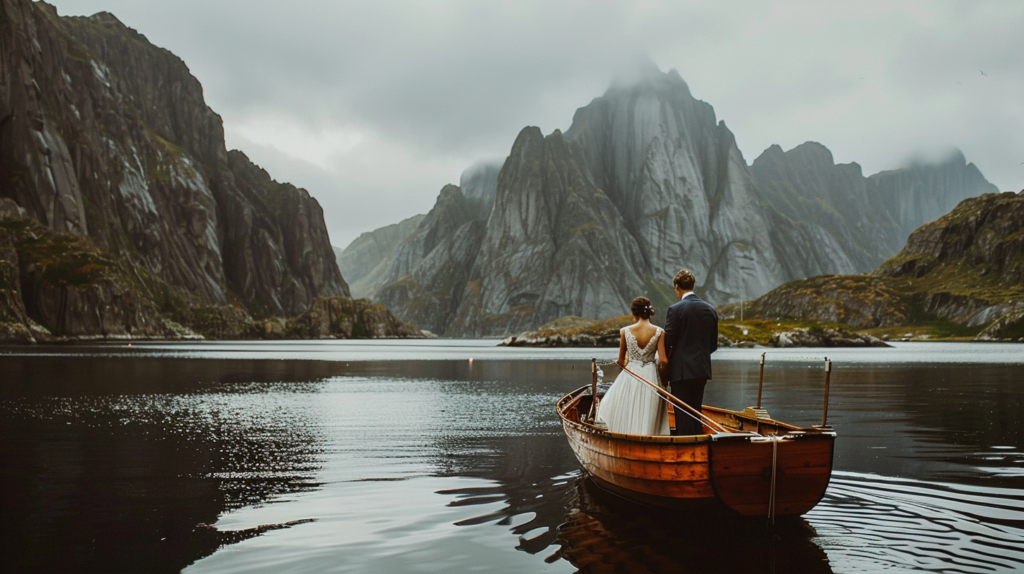 An intimate wedding ceremony on a traditional Norwegian boat (Rorbu) floating in a Lofoten fjord, with towering cliffs in the background.