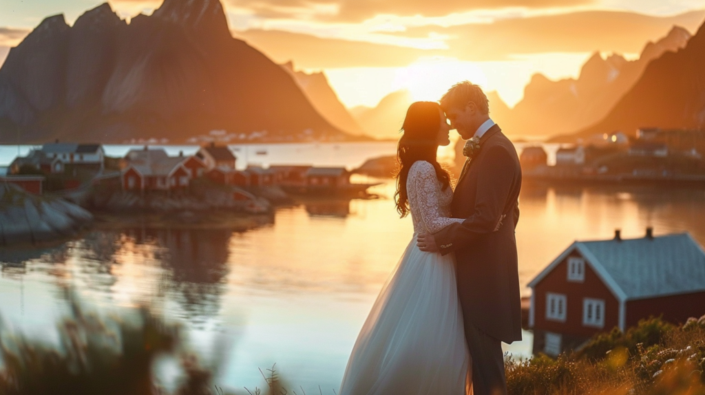 A newlywed couple embracing under the glowing sky of the midnight sun, with the quaint fishing villages of Lofoten providing a picturesque backdrop.