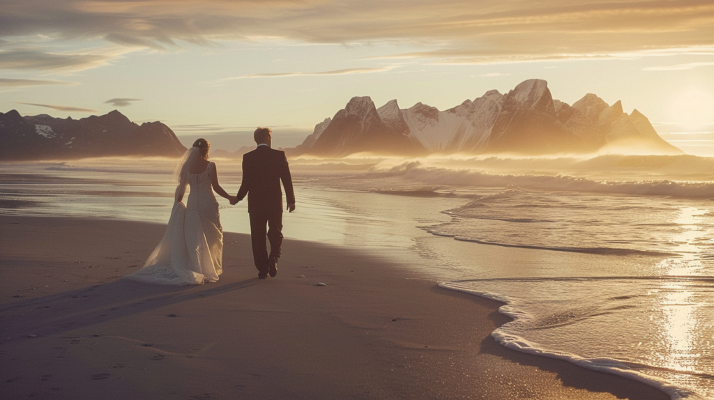 The bride and groom walking hand in hand along a secluded beach in Lofoten, with the Arctic ocean waves gently crashing at their feet under the midnight sun.