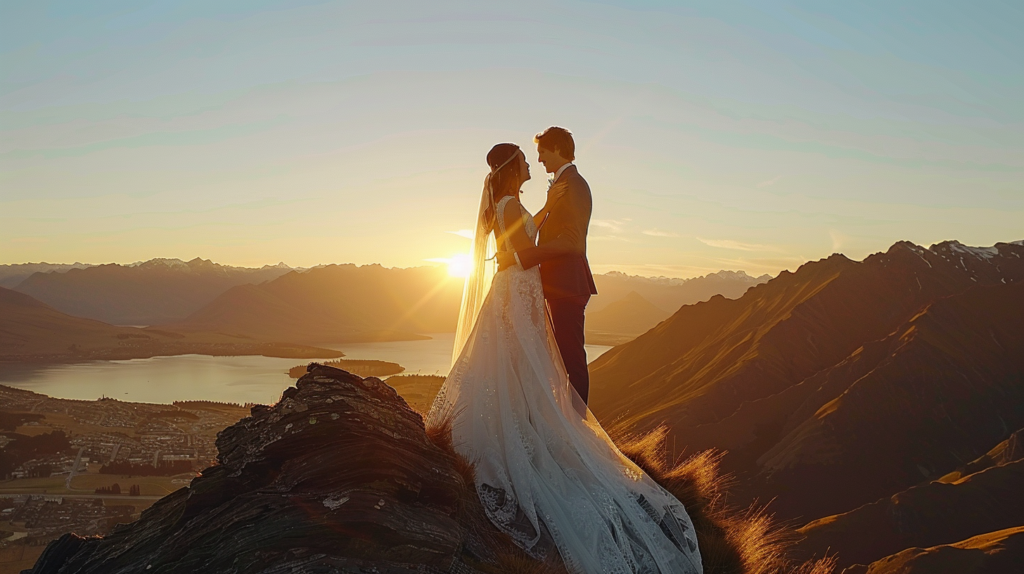 A couple holding hands and exchanging wedding vows on a mountain peak in Queenstown, New Zealand, with the Remarkables mountain range silhouetted against a vibrant sunset.