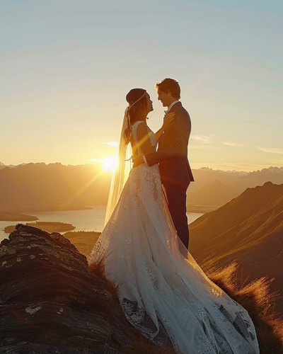 A couple holding hands and exchanging wedding vows on a mountain peak in Queenstown, New Zealand, with the Remarkables mountain range silhouetted against a vibrant sunset.