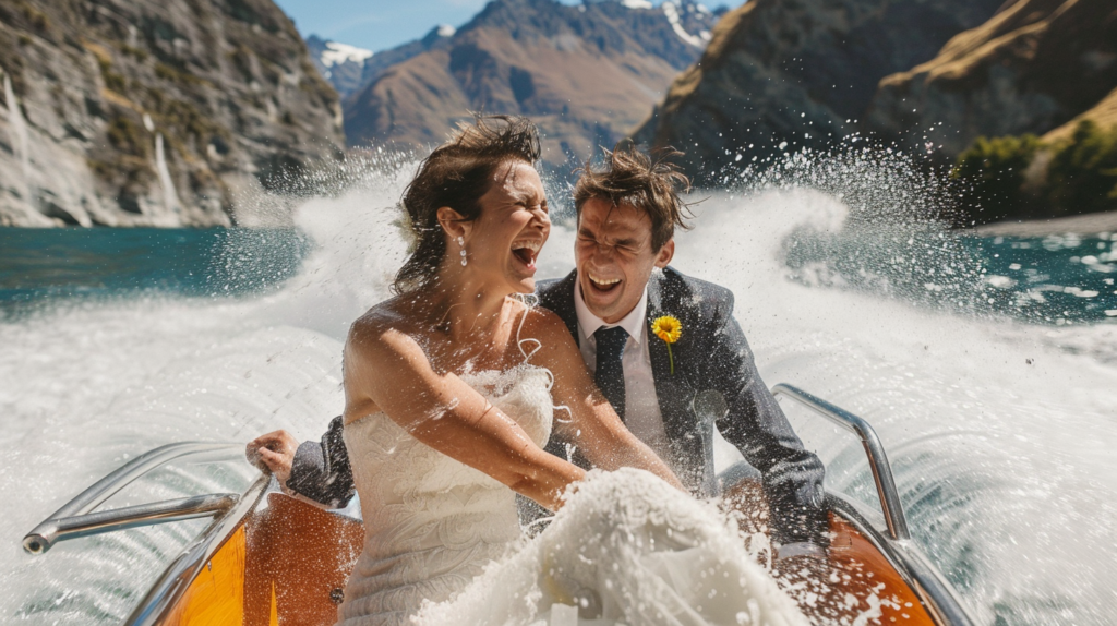 A bride and groom share a joyful moment on a jet boat ride on Queenstown's Shotover River, surrounded by the dramatic spray of water.