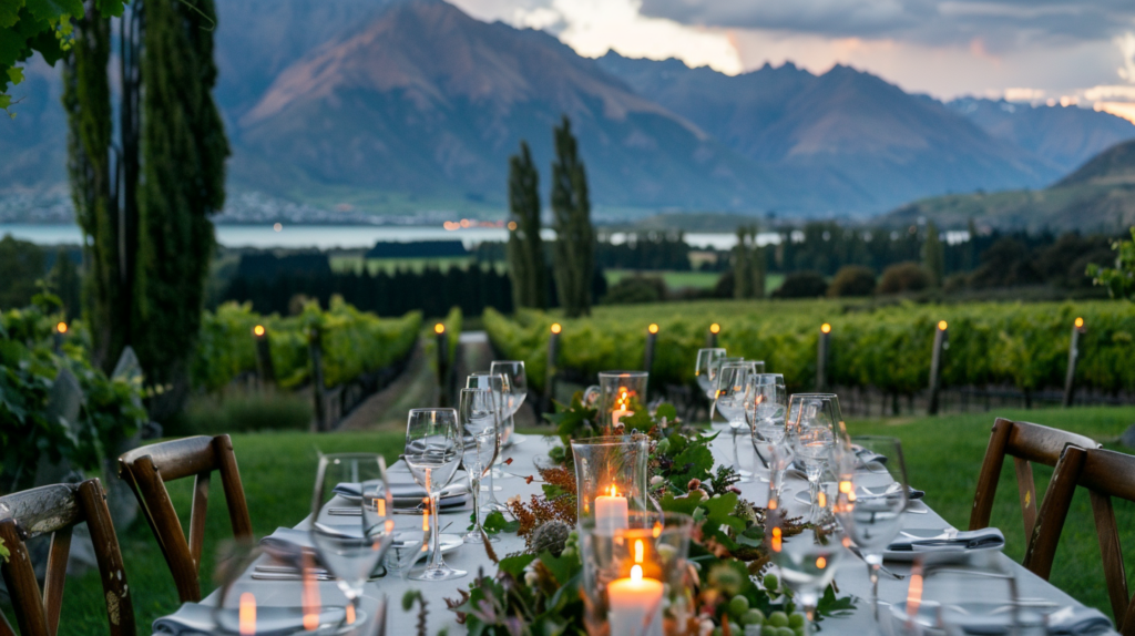 An elegant wedding dinner setup at a Queenstown vineyard, featuring a long table adorned with flowers and candles, overlooking rows of vines with mountains in the distance at dusk.