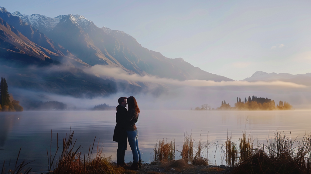 A romantic scene of a couple embracing on the serene shores of Lake Wakatipu in Queenstown, surrounded by the tranquil waters and mist-covered mountains in the early morning.