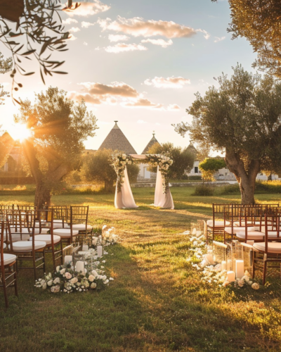 A picturesque wedding ceremony set in an ancient olive grove in Puglia, Italy, with iconic stone trulli houses visible in the background, bathed in the warm golden light of the afternoon sun.