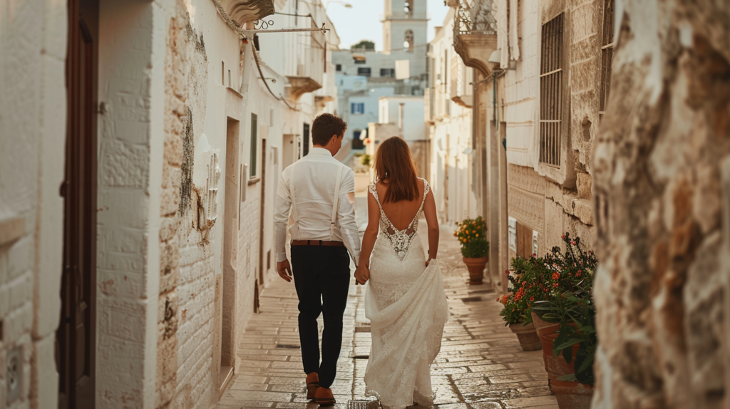 A newlywed couple takes a romantic stroll through the charming, whitewashed streets of Ostuni in Puglia, their joy and love evident in their clasped hands and smiling faces.