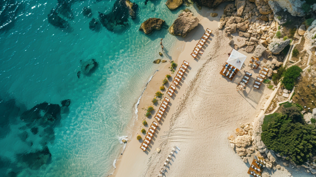An aerial view captures an elegant beach wedding setup in Puglia, where the stunning turquoise waters of the Adriatic Sea kiss the pristine white sands, ready to welcome guests.