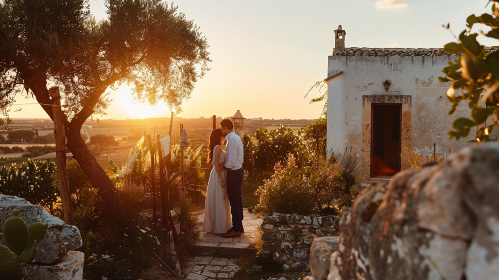 In the warm glow of sunset, a couple shares a tender moment in the courtyard of a beautifully rustic Puglian masseria, symbolizing their intimate and timeless love.