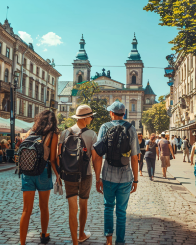 Backpackers exploring the historic Market Square in Lviv, with the iconic City Hall in the background and vibrant street cafes lining the square.
