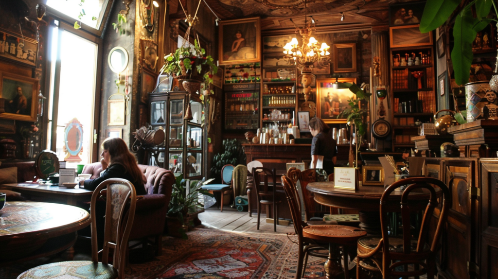 A traveler enjoying a cup of coffee at one of Lviv's famous themed cafes, surrounded by the unique décor that tells the rich history of the city.