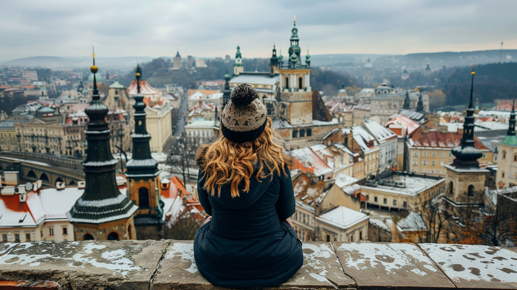 A budget traveler marveling at the view from the High Castle Hill, overlooking the picturesque rooftops and spires of Lviv's old town.