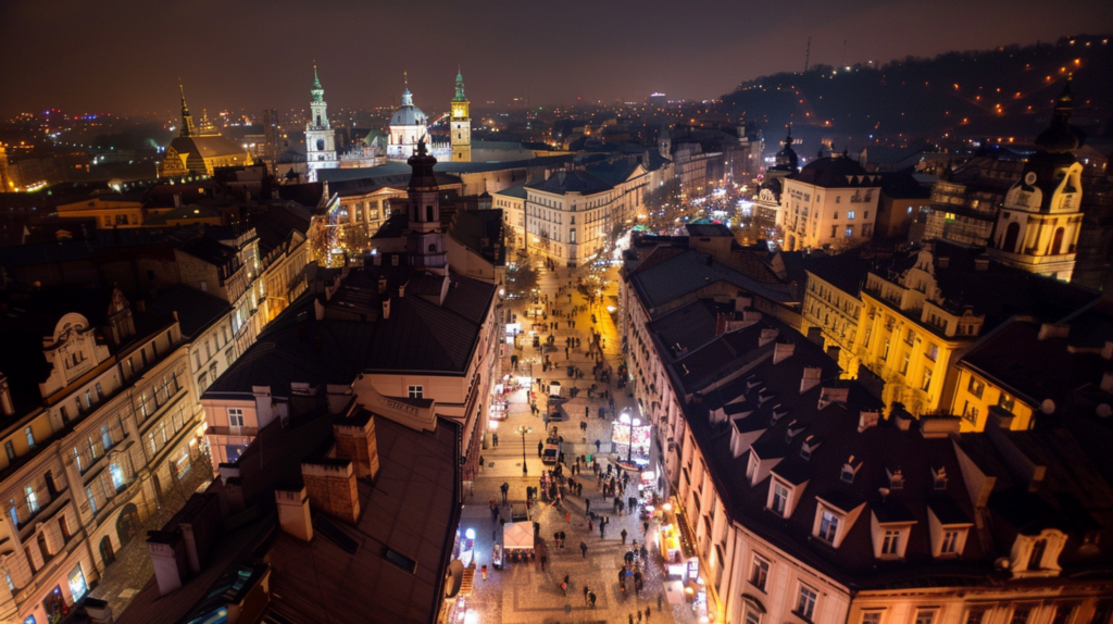 Night view of Lviv's bustling streets from a cozy, budget-friendly rooftop bar, with the illuminated cityscape spreading out below.
