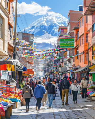 Energetic scene of travelers exploring La Paz's colorful markets, with the majestic Illimani Mountain towering in the background, showcasing the vibrant street life and culture.