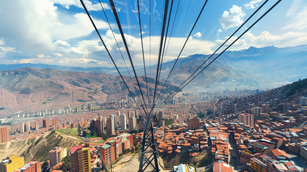 A breathtaking panoramic view from inside the Mi Teleférico cable car in La Paz, overlooking the sprawling cityscape set against the dramatic backdrop of the Andean mountains.