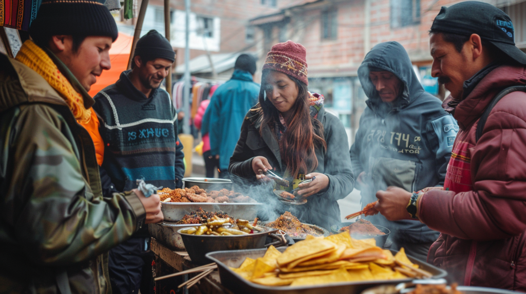 Backpackers gather around a bustling street food stall in La Paz, eagerly sampling traditional Bolivian delicacies, surrounded by friendly locals in a lively street scene.
